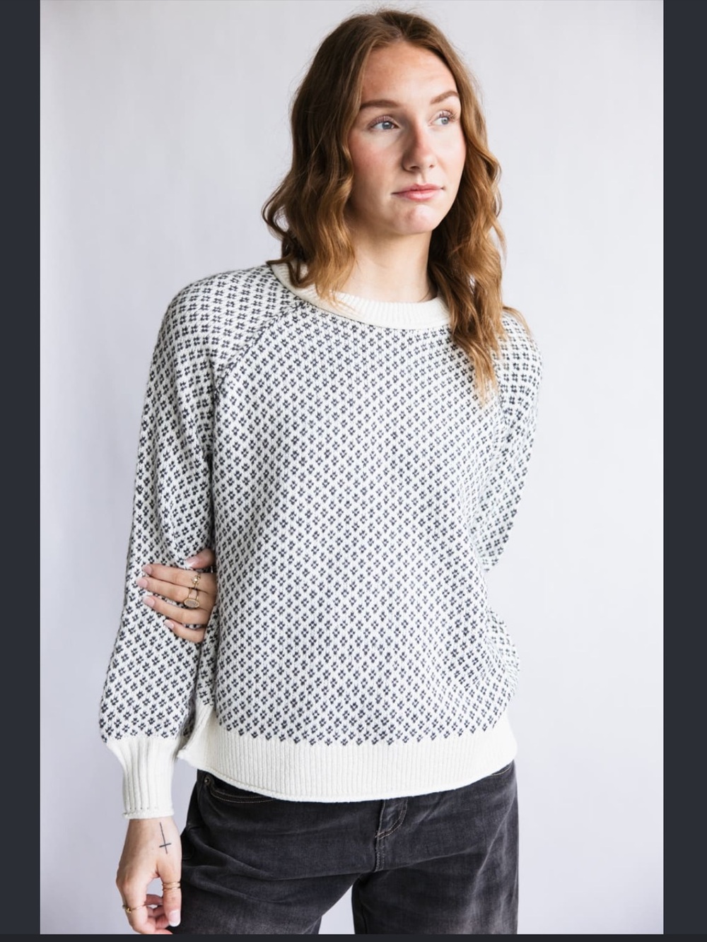 Staccato Cream and Gray Patterned Crewneck Sweater